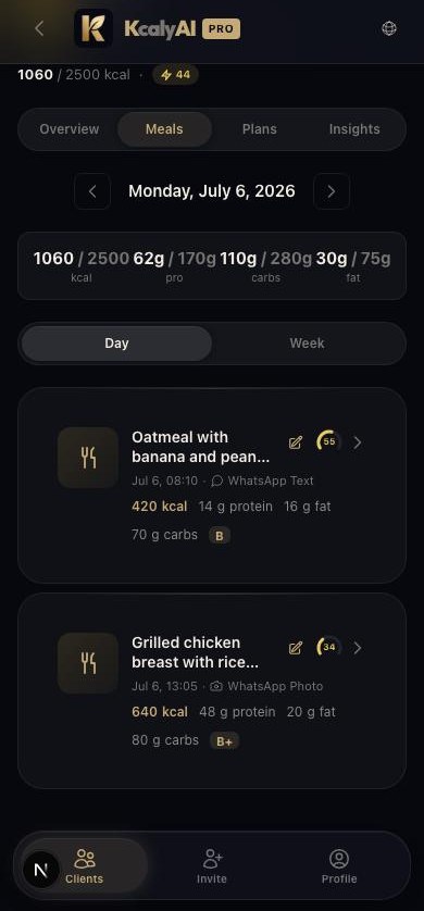 Kcaly AI Pro Mobile-App mit den Tagesmahlzeiten eines Kunden, jeweils analysiert und bewertet